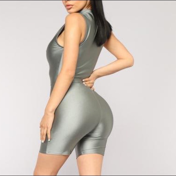 Grey Metallic Biker Short Romper - Picture 3 of 6